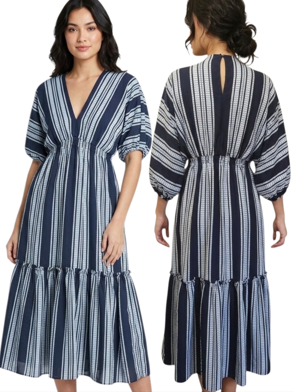 TAYLOR Navy Striped Dolman Sleeve Boho Midi Dress - Size 10